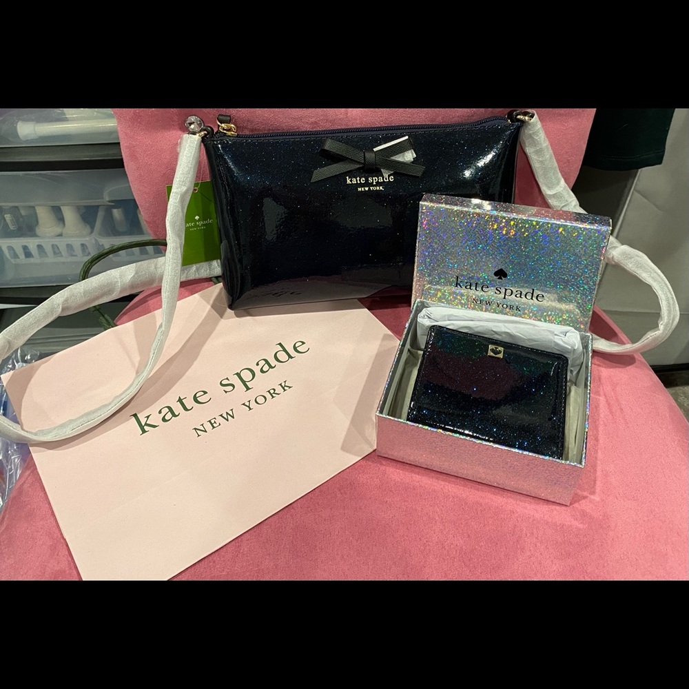 BNWT Kate Spade Mavis Street Amy Blue Glitter Crossbody & Wallet SET!